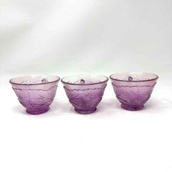 Vintage Indiana Glass Pebble Leaf Tea Cups Pink Floral Pressed 3pc Set - Picture 2 of 16